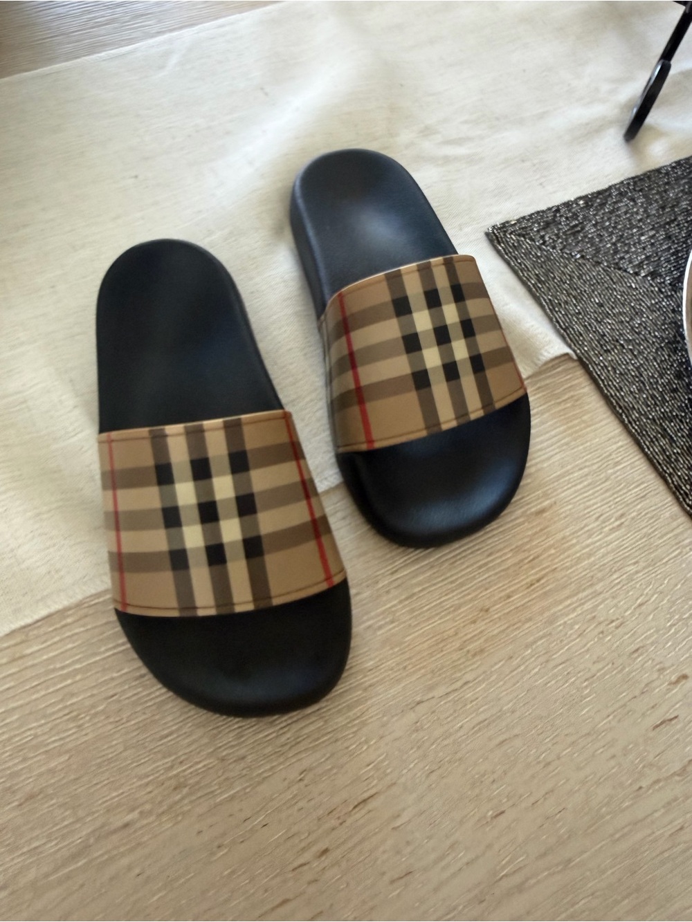 Burberry Plaid Slide Sandals - Black and Tan